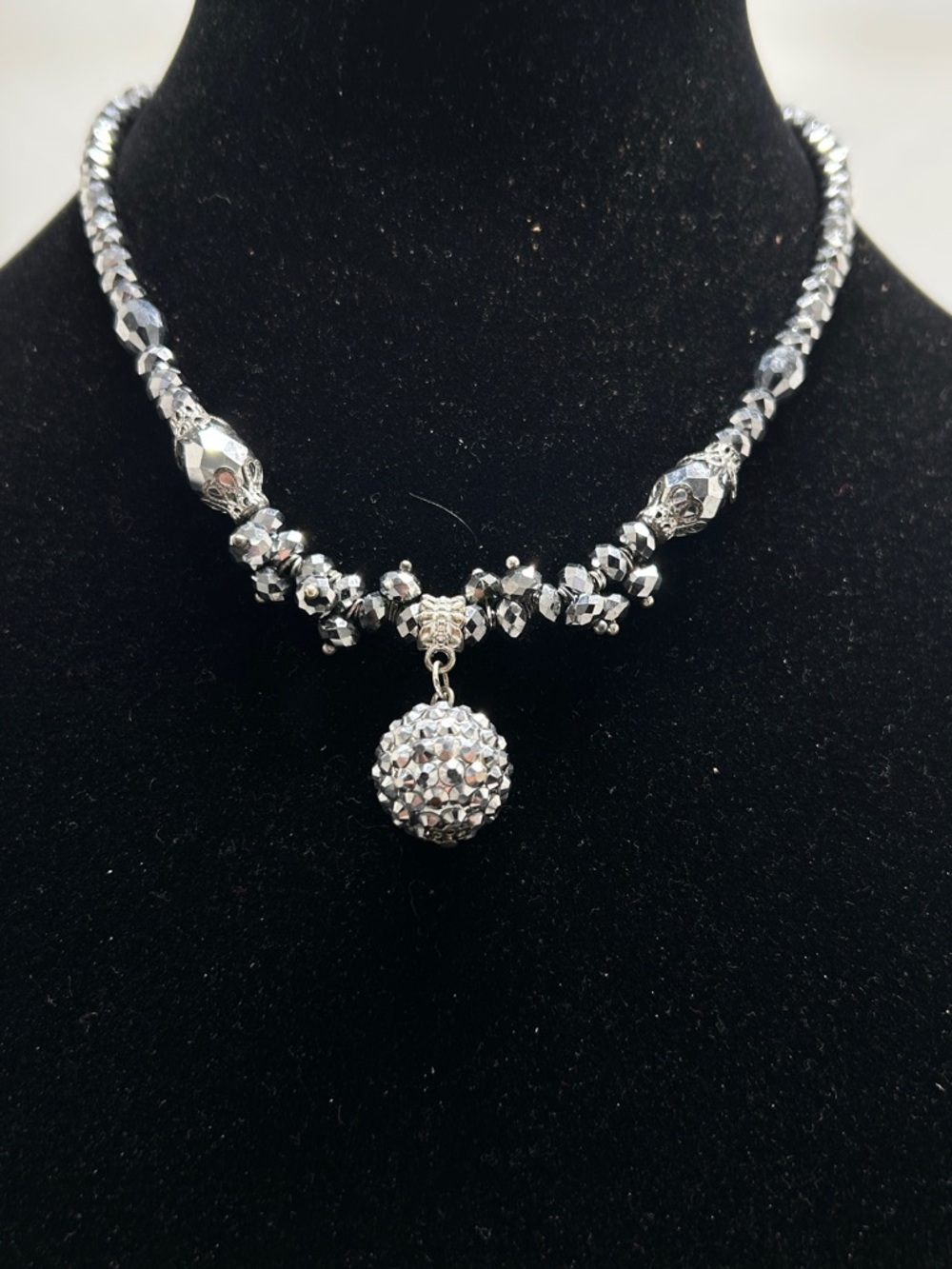 Vintage Gray Crystal Necklace With Disco Ball, Round Pendant